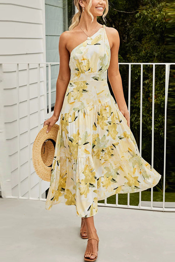 Just Met You Floral Knot Detail One Shoulder Tiered Maxi Dress