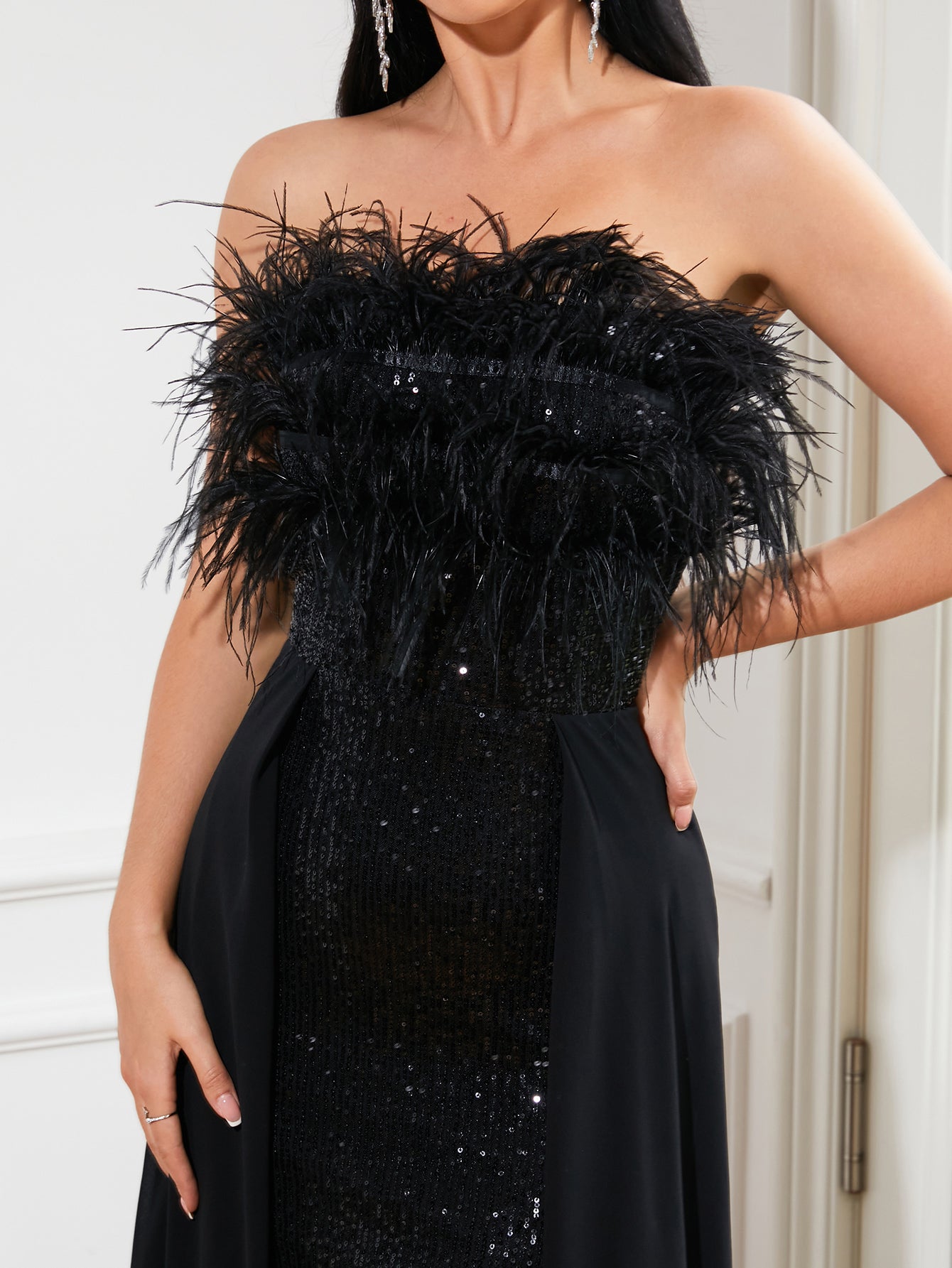 Feather Draped Sequin Formal Dress RJ10034