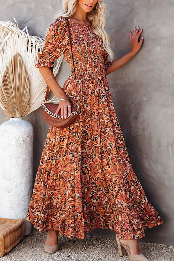 Autumn Grace Smocked Paisley Maxi Dress