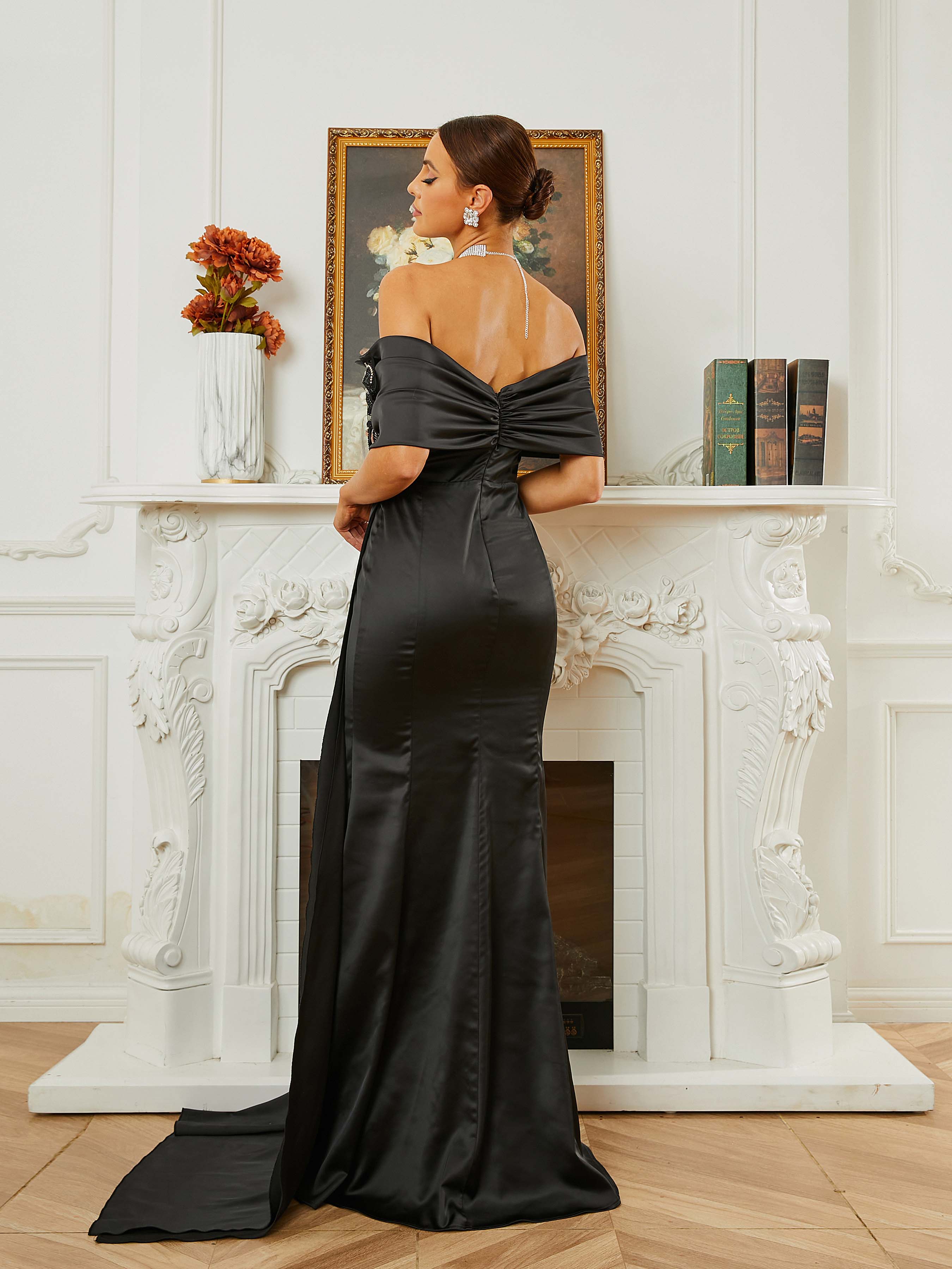 Strapless Off Shoulder Backless Mermaid Pleated Ribbon Evening Dress RM20468