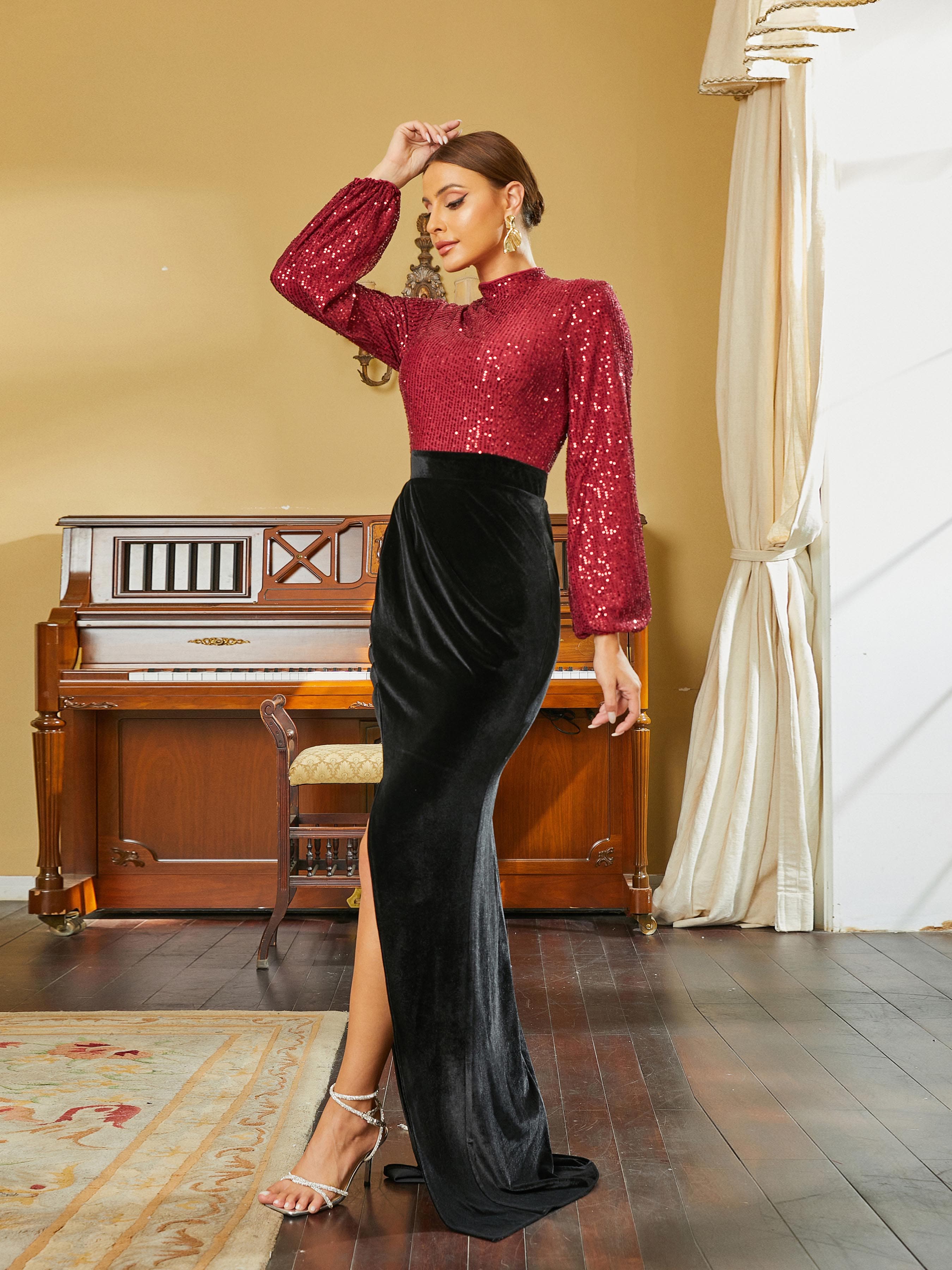 Stand Collar Panel Long Sleeve Wine Prom Dress RM20552