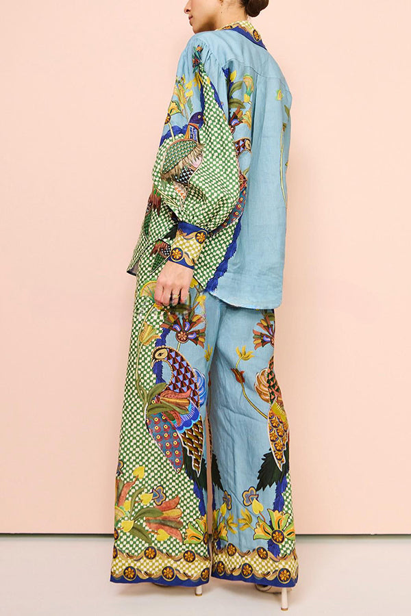 Sun Seeking Unique Heaven Bird Print Balloon Sleeve Button Loose Shirt