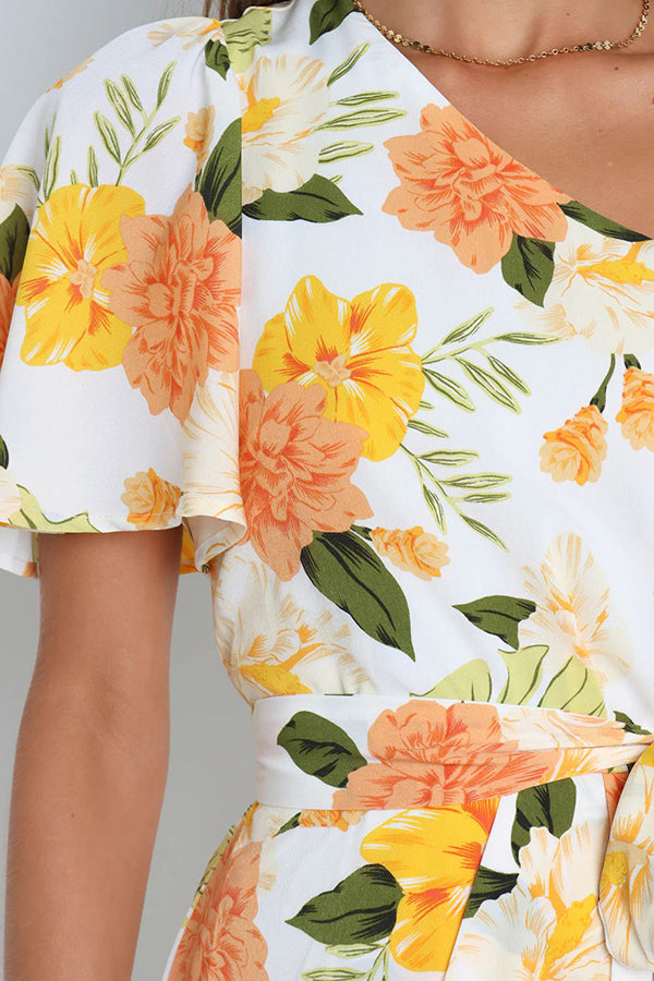 Kaycie Floral One Shoulder Belted Wrap Midi Dress