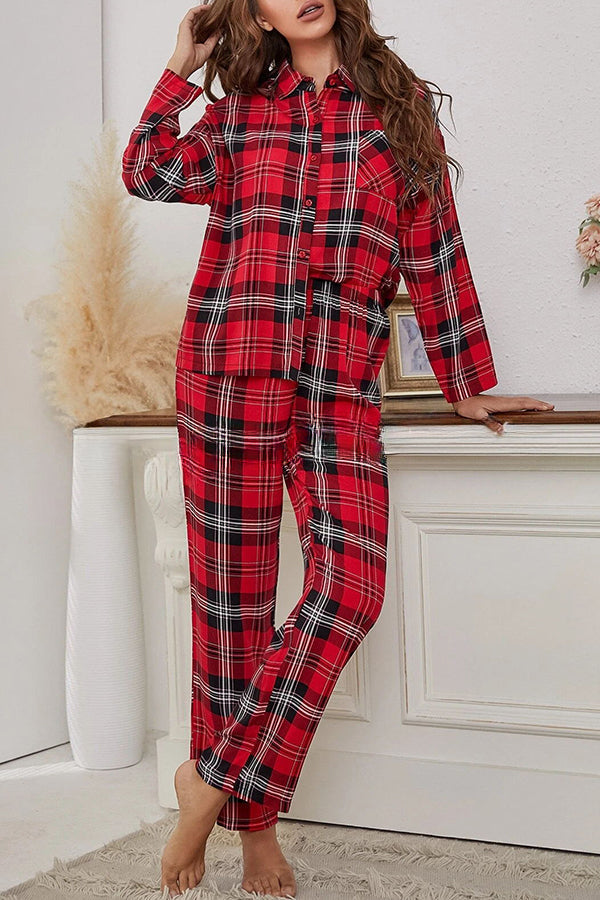 Christmas Plaid Print Pocket Button Pajama Set