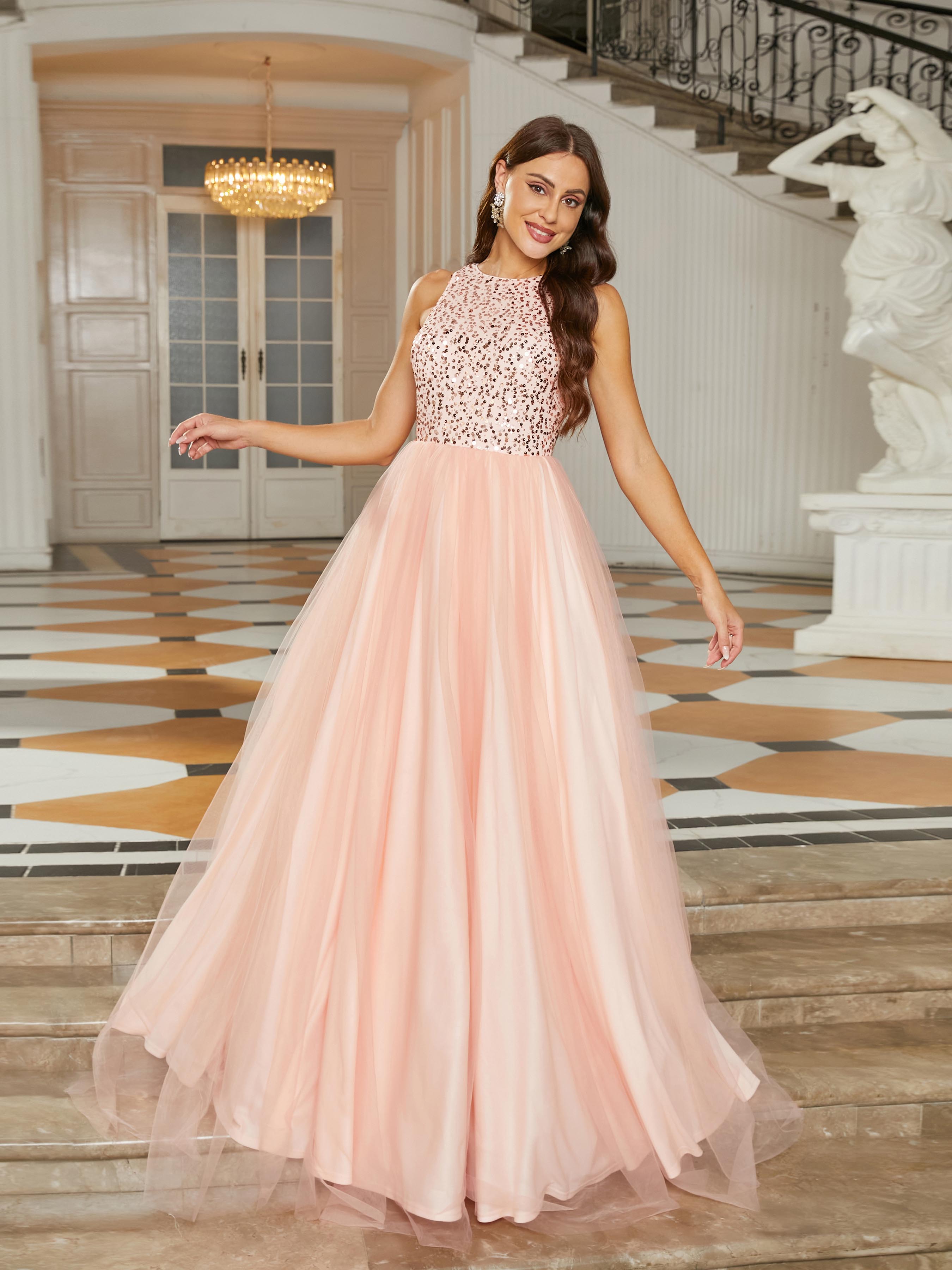 Formal Sleeveless A-Line Mesh Pink Ball Gown RJ10685