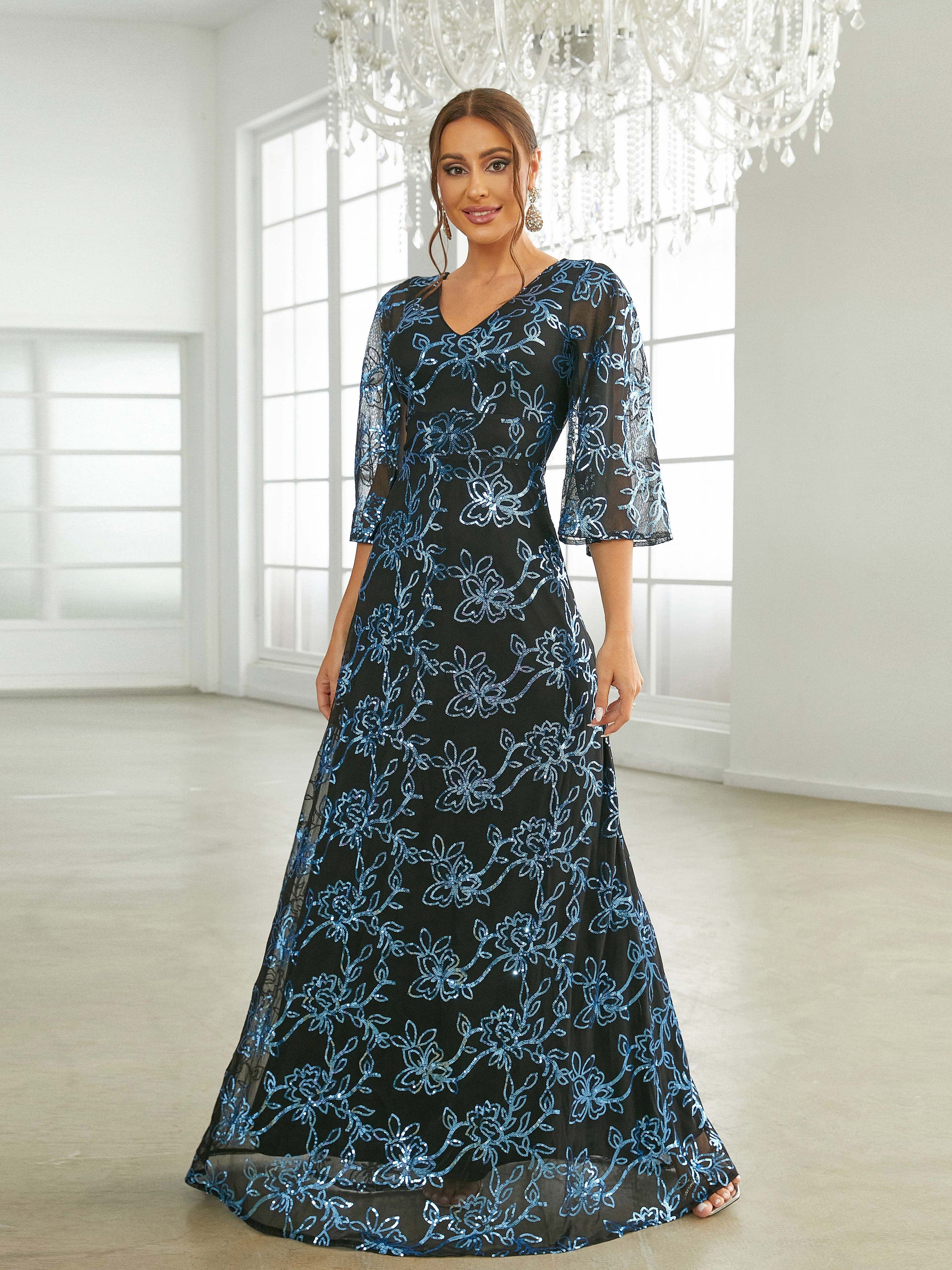 Trumpet Sleeve A-Line Blue Tulle Prom Dress RM20593